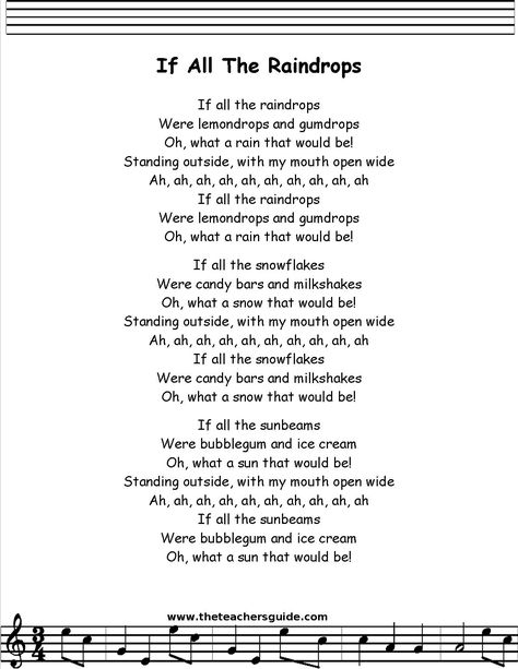 If All the Raindrops lyrics printout Rain Songs For Preschoolers, If All The Raindrops Were Lemon Drops, Rain Songs Preschool, Kids Songs Lyrics, Silly Songs For Kids, Daycare Songs, Circle Songs, Toddler Songs, Transition Songs