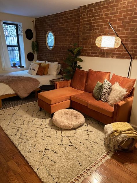 350-Square-Foot Basement Brownstone Studio Apartment | Apartment Therapy Small Living Room Decorating Ideas Cozy Studio Apartments, 200sqft Studio, Rustic Studio Apartment Ideas, Bohemian Studio Apartment Ideas, Mini Studio Apartment Ideas, Kpop Dorm, Orange Sectional, Basement Rental, Apartment Layouts