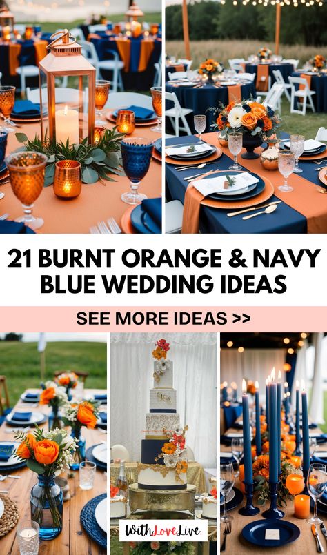 Create a memorable wedding with burnt orange and navy blue accents! 🍂💙 From bold bridesmaid dresses to chic table settings, this color palette will make your special day stand out. Find all the inspiration you need and save this pin for future ideas! 📌💖 Burnt Orange Navy Wedding, Wedding Color Schemes Navy Blue, Burnt Orange And Navy Blue Wedding, Navy Blue And Burnt Orange Wedding, Orange And Navy Blue Wedding, Navy Blue Wedding Ideas, Burnt Orange And Navy Blue, Chic Table Settings, Blue Wedding Ideas