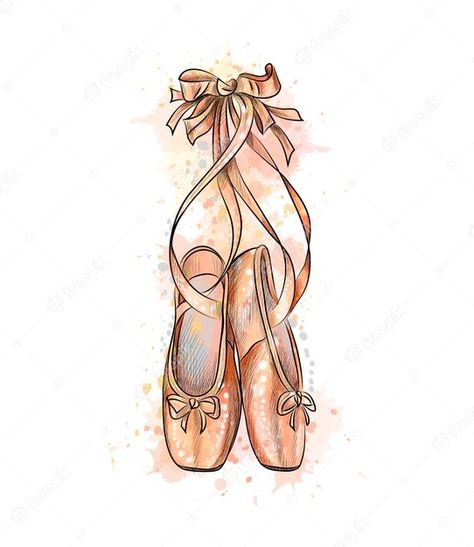 Premium Vector | Ballet shoes, pointe shoes from a splash of watercolor, hand drawn sketch. illustration of paints Ballerina Shoes Drawing, Pointe Shoes Drawing, Ballet Shoes Drawing, Ballet Shoes Art, Ballet Tattoos, Dance Drawings, Ballet Illustration, Shoe Tattoos, Ballet Painting