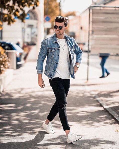 Men Wear on Instagram: “1,2,3,4,5,6,7, or 8⁉️Comment below👇 Follow @menwearoutfits for Men Fashion posts daily!👔 - #menwearoutfits 📸” Rocker Outfit Men, Mens Rocker Style, Vintage Denim Jacket Outfit, Denim Jeans Outfit Men, Summer Mens Fashion, Checked Shirt Outfit, Red Checked Shirt, Outfit Botas, Denim Street Style