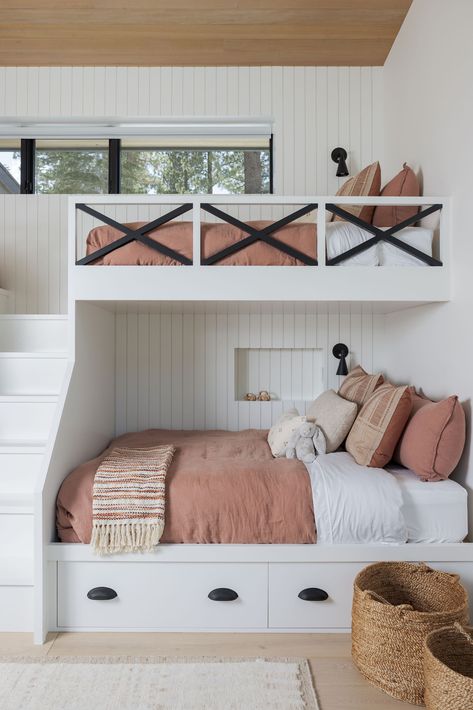 Bunk Bed Nursery, Girls Built In Bunk Beds, Bunk Bed Built In, Kids Bunk Bed Rooms, Bunk Beds For Girls Room, Bunk Room Ideas, Bunk Bed Room, Bunk Bed Rooms, Bunk Beds Built In