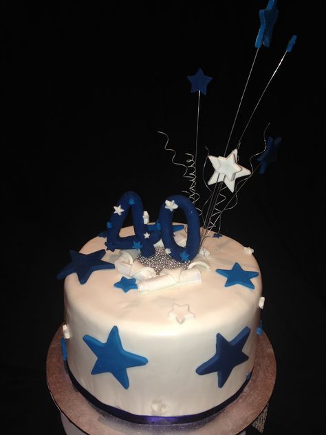 Tony's 40th birthday cake Commissioned June 2017 Chocolate cake, vanilla bean icing. White, navy, blue, silver stars theme Navy Blue Cake, Vanilla Bean Icing, 40th Birthday Cake, White Birthday Cakes, Cake Vanilla, 50th Bday, 40th Birthday Cakes, Blue Cakes, 17th Birthday