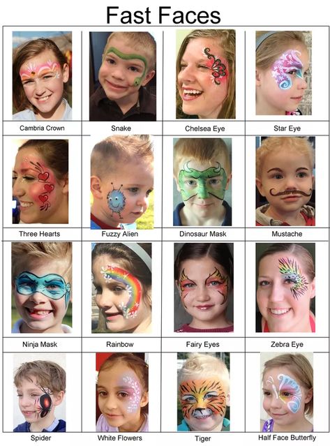 Free Face Painting Templates, Fast Face Painting Ideas, Face Painting Chart, Kid Face Painting Ideas, Fast Easy Face Paint Designs, Fast Face Paint, Basic Face Painting Designs, Beginning Face Painting, Pick A Face Paint Design