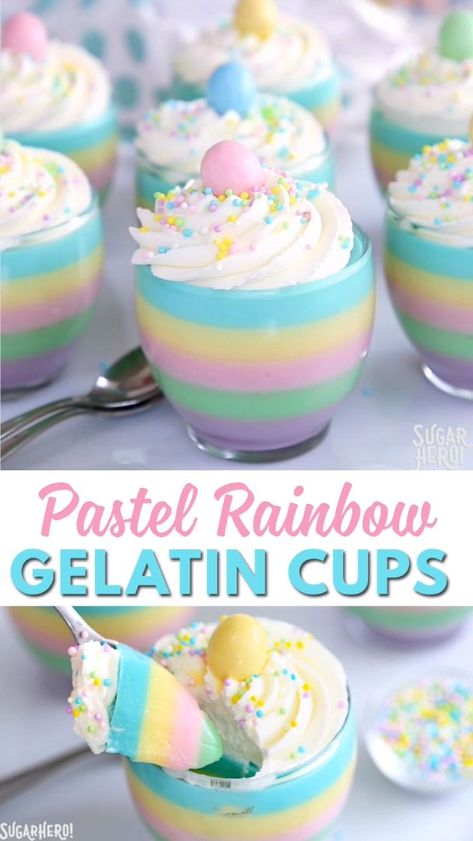 Pastel Rainbow Gelatin Cups are a beautiful dessert for springtime or Easter! Layers of pastel gelatin are topped with whipped cream and your choice of sprinkles for a fun and easy treat. #sugarhero #pasteldessert #pastelrainbow #gelatin #easterdessert Unicorn Jello Ideas, Diy Unicorn Treats, Pastel Jello Cups, Unicorn Jello Cups, Pastel Party Food Ideas, Jello Easter Dessert, Pastel Rainbow Birthday Party Ideas, Easter Jello Desserts, Gelatin Recipes Desserts