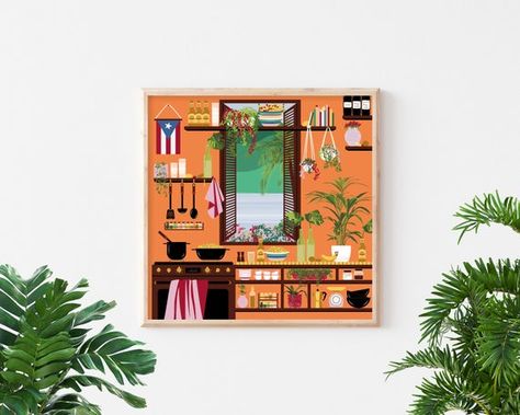 A Puerto Rican kitchen featuring Medalla beer and arroz con gandules on the stove. Plants decorate every corner. Perfect for your foodie and plant enthusiast loved ones. Kitchen Illustration, Arroz Con Gandules, Flag Illustration, Kitchen Canvas, Puerto Rico Art, Puerto Rico Flag, Caribbean Art, Art Kitchen, Cooking Art