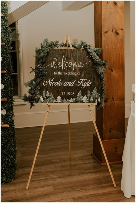 Nicole and Kyle's guests were greeted at their winter themed wedding by this cute wooden welcome sign featuring hand-painted Christmas trees and pine garland!  Photo by Sydney Madison Creative Winter Wedding Welcome Sign, Wedding Welcome Sign Ideas, Renault Winery, Welcome Sign Ideas, Winter Themed Wedding, Dreamy Christmas, Christmas Entry, Christmas Package, Christmas Feast