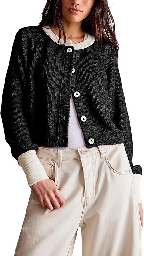 PUWEI Women's Color Block Cardigan Sweaters Button-Up Long Sleeve Cropped Knited Jacket Casual Round Neck Trendy Tops Round Neck Cardigan, Chic Cardigan, Sweater Season, Cardigan Sweaters, Color Block Cardigan, Fall Fashion Outfits, Trendy Tops, Woman Colour, Long Sleeve Cardigan