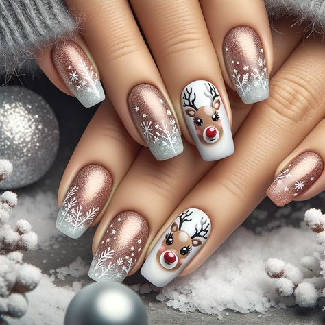 Creative reindeer nail art designs for Christmas with festive and playful elements. Christmas Nail Reindeer, Nail Art Ideas For Christmas, Christmas Nails For Short Nails Simple, Reindeer Nail Art Designs, Christmas Reindeer Nail Designs, Christmas Nail Designs Reindeer, Silver And Gold Nails Christmas, Classy Christmas Nail Designs, Reindeer Nail Designs