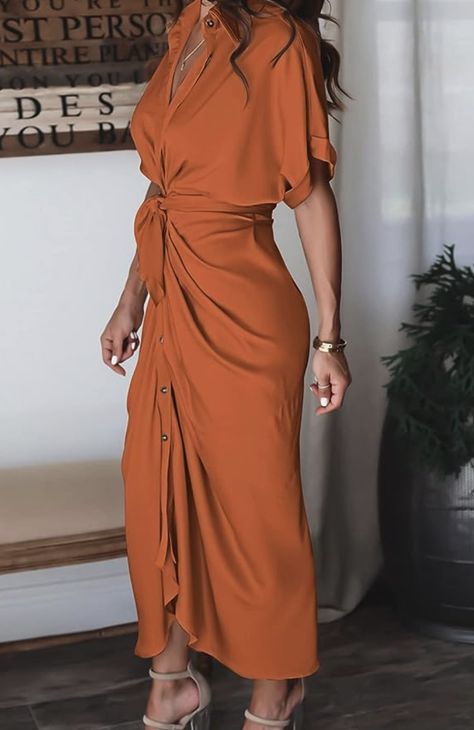 AOHITE Women's Elegant V Neck Satin Button Down Short Sleeve Maxi Shirt Dress with Belt Amazon Wedding, Shirt Dress With Belt, Myanmar Dress Design, Myanmar Dress, Button Down Short Sleeve, Wedding Guest Dresses, Maxi Shirt Dress, Dress With Belt, Dress Design