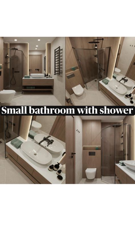 small bathroom with shower in brown tones. 4 m2 accommodates a shower, a large sink with a mirror and a hidden installation with a toilet Small Bathroom With Shower, Brown Tones, A Mirror, Small Bathroom, Shower, Mirror