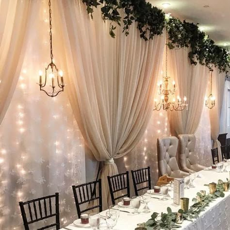 How Much Does Wedding Draping Cost? [+19 DIY Draping Ideas] - Wedding Hacked Wedding Draping Ideas, Diy Draping, Wedding Draping Backdrop, Ceiling Draping Wedding, Ceiling Drapery, Diy Drapes, Large Wedding Venues, Wedding Drapery, Head Table Backdrop