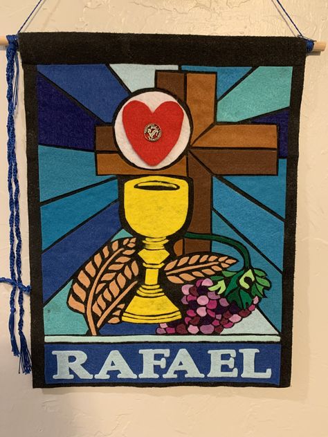 First communion banner using felt for Boy First Communion Banner Boy, First Communion Banners Catholic, 1st Communion Banner Ideas, First Communion Banner Ideas, Communion Banner Ideas, Communion Banners, First Communion Banner, Catholic Sacraments, Catholic Theology