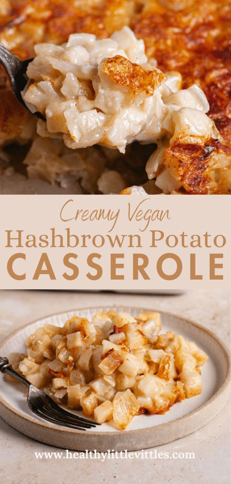 This Creamy Vegan Hashbrown Potato Casserole features frozen diced hashbrown potatoes that are coated in a creamy, dairy-free and gluten-free gravy-like sauce and then baked in the oven for an easy and convenient potato side dish that everyone will love! Vegan Hash Brown Casserole, Gluten Free Dairy Free Hashbrown Casserole, Dairy Free Potatoes Recipes, Non Dairy Potato Recipes, Dairy Free Cheesy Potatoes, Diced Hashbrown Casserole, Hashbrown Casserole Dairy Free, Dairy Free Hashbrown Casserole, Dairy Free Potato Casserole