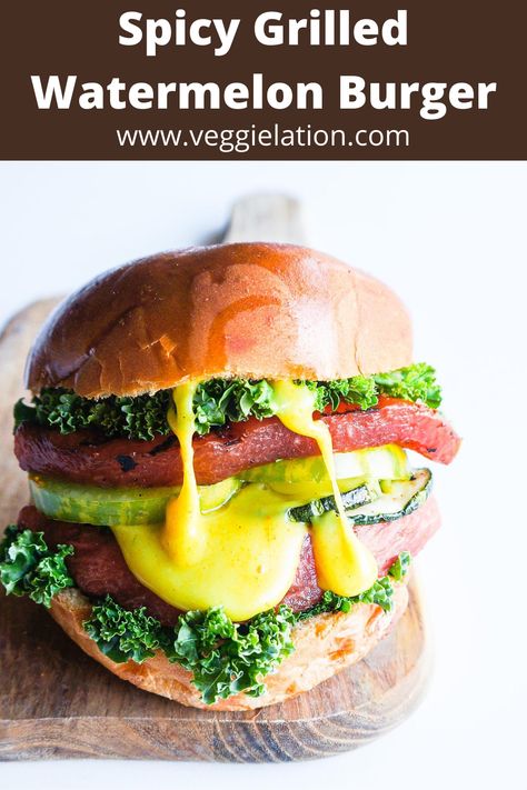 This easy to make spicy grilled watermelon burger is so fresh and tasty! If you love watermelon like I do, I encourage you to give it try. The burger itself has only 4 ingredients, it’s gluten free, nut free, dairy free, oil free, sweet, a bit spicy, and truly a delicious alternative when you want a lighter version of a burger.  #vegan #burgers #veganburgers Watermelon Burger, Grilled Watermelon, Vegan Burgers, So Fresh, Vegan Dinners, Healthy Eats, Nut Free, 4 Ingredients, Salmon Burgers