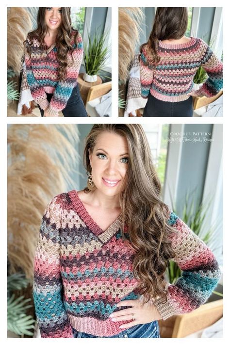 V-Neck Granny Pop Pullover Sweater Crochet Pattern Granny Pop Sweater, Top Down Granny Sweater, Crochet Granny Square Sweater Pattern Free, Sweater Crochet Patterns, Granny Square Sweater, Diy Magazine, Sweater Crochet, Crochet Inspo, Hook Design