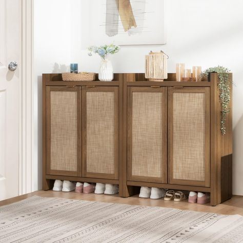 Shoe Cabinet With Doors, Rattan Shoe Cabinet, Rattan Cabinet, Shoes Cabinet, Hallway Closet, Organizer Cabinet, Wooden Shoe Racks, Cabinet With Doors, Wooden Storage Cabinet