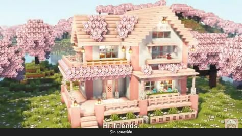 Pink Cherry Minecraft House, Pink And Brown Minecraft House, Pretty Pink Minecraft Houses, Cherry Blossom House Minecraft Inside, Pink Minecraft Village, Cute Minecraft Houses Pink, Minecraft Pink House Ideas, Minecraft House Ideas Cherry Blossom, Kawaii Minecraft Houses