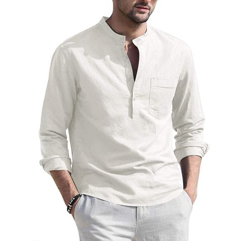 The 23 Best Collarless Shirts of 2020 Include Something For Everyone | SPY Collarless Shirt Men, Shirt Without Collar, Collared Shirt Outfits, Mens White Dress Shirt, Baggy Tee, Collarless Shirt, Mens Casual T Shirts, Hippie Shirt, Mens Casual Dress Outfits