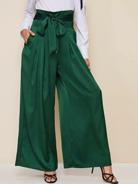 Green Plain, Tie Waist Pants, Satin Trousers, Satin Pants, Women Pants, Polyester Satin, Type Of Pants, Shein Style, Vintage Style Outfits