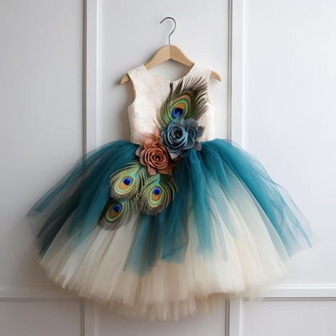 Girls peacock inspired dress, beautiful for party dress or even bridesmaid Peacock Theme Birthday Dress, Peacock Inspired Dress, Peacock Feather Dress, Family Dress, Peacock Party, Short Frocks, Peacock Photos, Easy Rangoli Designs Diwali, House Crafts