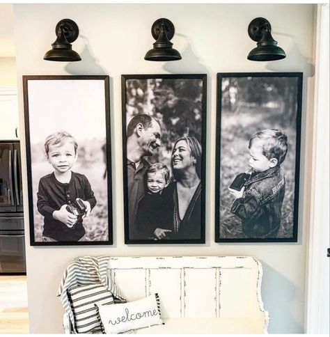 Black And White Large Photos Living Rooms, Canvas Wall Art Family Photos, Prints In Black Frames, Big Picture Frames On The Wall, Black And White Family Picture Wall, Black And White Wall Gallery Ideas, Black Wall With Pictures, Black And White Portraits Living Room, Black And White Canvas Photos