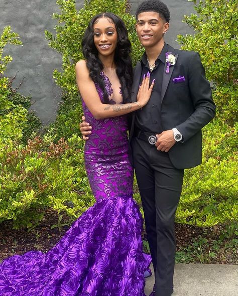 Purple Prom Black Couple, Dark Purple Prom Suit, Prom Suit Purple, Purple Prom Outfits, Purple Tuxedo For Prom, Purple Prom Tuxedo, Dark Purple Prom Dress Couple, Purple Prom Looks, Purple And Black Prom Couple