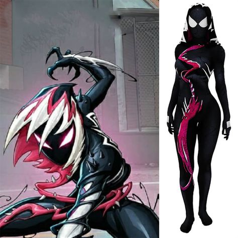 #Takerlama Get ready to swing into action as Spider Gwen, the spunky and powerful superhero from the Marvel Comics universe! This cosplay costume includes a sleek jumpsuit and mask to help you channel your inner web-slinger. The Venom symbiote suit gives you an edgy and dangerous look, perfect for taking on villains and saving the day. Whether you're attending a comic book convention or just want to show off your love for Spider Gwen, this costume is sure to turn heads. link： https://takerla... Spider Gwen Venom, Gwen Venom, Spiderman Gwen Stacy, Symbiote Suit, Book Convention, Venom Symbiote, Symbiote Spiderman, Black Pug Puppies, Web Slinger