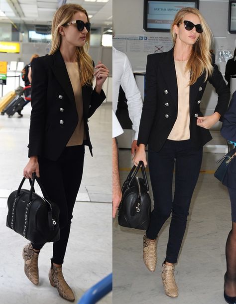 Rosie Huntington-Whiteley in Balmain Blazer and Saint Laurent Boots Balmain Blazer Outfits, Blazer Street Style, Balmain Jacket, Balmain Dress, Balmain Blazer, Blazer Outfits Casual, Look Office, Huntington Whiteley, Blazer Outfits