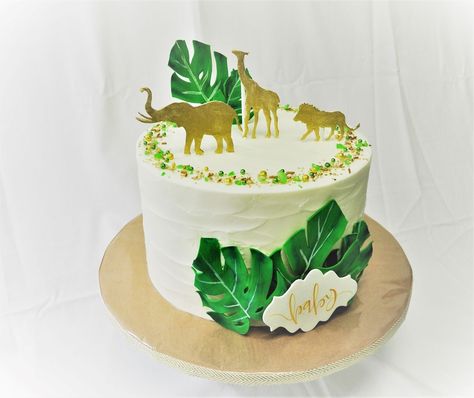 Simple Jungle Theme Cake Without Fondant, Simple Jungle Cake, Simple Jungle Theme Cake, Simple Safari Cake, Monstera Leaf Cake, Simple Elegant Cake, Jungle Baby Shower Cake, Animal Baby Shower Cake, Cakes Without Fondant