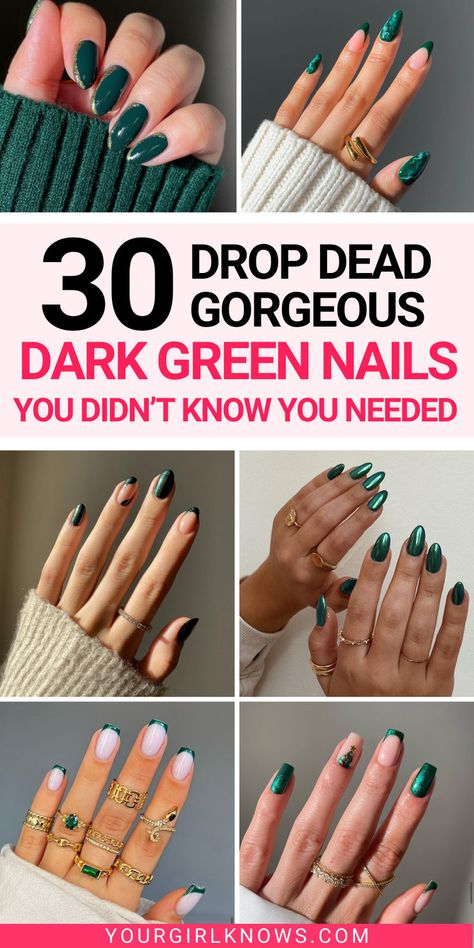 Might I tell you, dark green nails are the “it girl” color you need this fall and winter season? Seriously! They’re not just a color; they’re a vibe. So, here are some of the hottest dark green nail designs that will have you falling head over heels! Nail Designs Dark Green, Simple Dark Green Nails, Nail Art Dark Green, Nail Ideas Dark Green, Green Nails Holiday, Dark Green Nails Short, Black And Dark Green Nails, Dark Green Nails With Gold, Holiday Nail Designs Winter