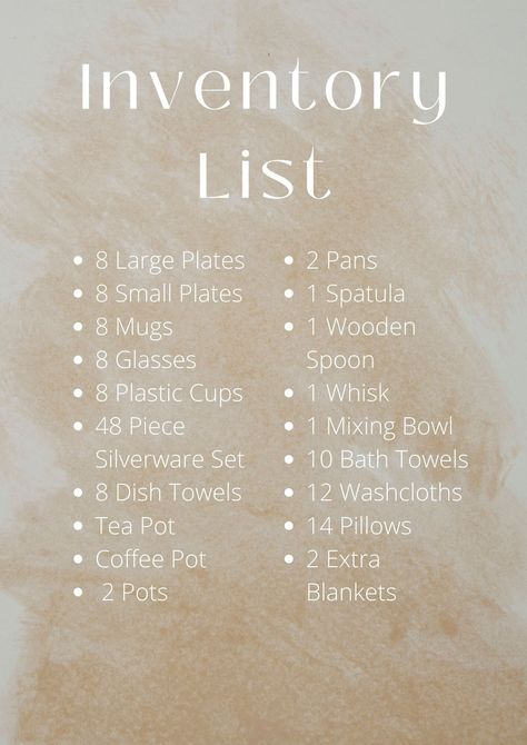 The perfect inventory template for your rental vacation property, Airbnb, or VRBO. This template includes a basic inventory list that can be changed based on the inventory in your home. Editable through Canva to customize based on your home. Each section can be customized or changed based on your needs. Uses only free Canva elements. Airbnb Kitchen Decor, Airbnb Template Free, Airbnb Snacks, How To Decorate An Airbnb, Airbnb Kitchen Essentials, Air Bnb Bedroom Ideas Decor, Airbnb Room Ideas, Airbnb Theme Ideas, Best Airbnb Decor