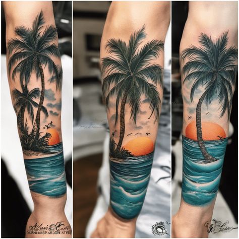 Hawaiian Palm Tree Tattoo, Half Sleeve Ocean Tattoos For Women, Curacao Tattoo, Tato Lingkaran, Tattoos 2022, Ocean Sleeve Tattoos, Palm Tattoo, Tropical Tattoo, Pola Tato