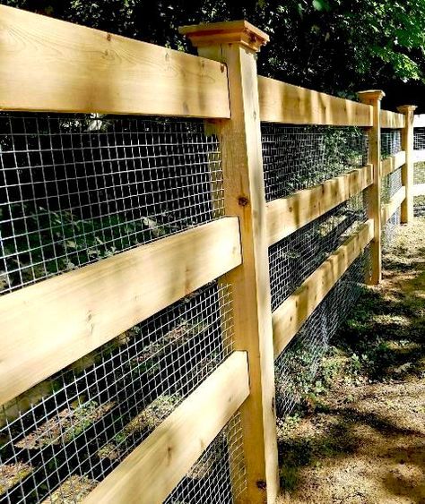 Custom Post and Rail Fencing with Welded Wire Chicken Wire And Wood Fence, Post And Rail Fence With Wire, Wood Post Fence With Wire, Ranch Rail Fence With Wire, Hog Wire Fence, Wood And Wire Fence Ideas Dog, Farm Fence With Wire Mesh, Post And Rail Fence, Carport Patio