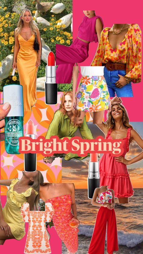 Get inspired by the vibrant and lively Bright Spring color palette! This collage features bold, saturated hues like hot pink, turquoise, sunny yellow, and coral, paired with stylish wardrobe staples and makeup products perfect for Bright Springs. Discover vivid fashion pieces, playful accessories, and fresh makeup looks that capture the cheerful and high-energy essence of this season. Lady Gaga Sunglasses, Bright Spring Color Palette, Blouse Drawing, Fresh Makeup Look, Eyewear Brands, Clear Spring, Spring Palette, Fresh Makeup, Spring Color Palette