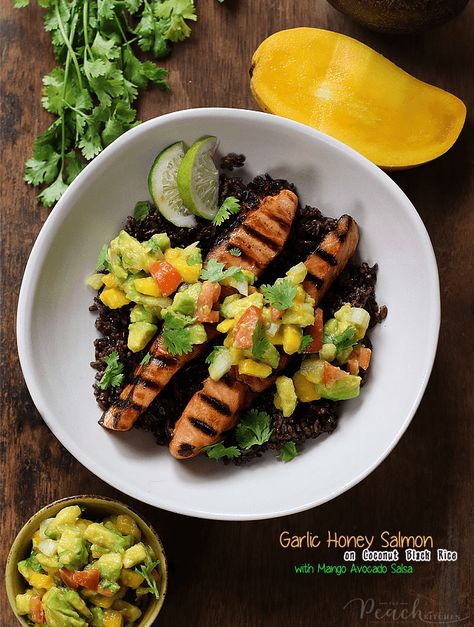 Garlic Honey Salmon on Coconut Black Rice Salmon Black Beans And Rice, Salmon And Black Rice, Coconut Rice With Salmon, Salmon With Coconut Rice, Salmon Rice Avocado, Salmon Mango Salsa Coconut Rice, Black Rice Salad, Kid Friendly Meals Dinner, Honey Garlic Salmon