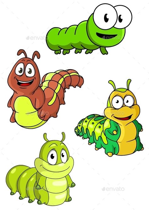 Cute Colorful Cartoon Caterpillars Characters - Animals Characters Cute Caterpillar, School Board Decoration, Smiling Faces, Logo Design Typography, Character Collection, Business Flyer Templates, Cute Cartoon Animals, Funny Graphics, Different Patterns