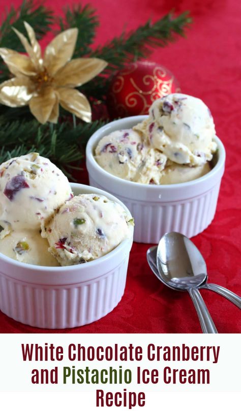 A deliciously rich white chocolate ice cream studded with pistachios and cranberries. It’s the three traditional Christmas colors wrapped up in one incredible-tasting ice cream!  #whitechocolate #icecream #dessert #pistachio #cranberry #homemadeicecream #icecreamrecipe White Chocolate Ice Cream, Granitas, Christmas Ice Cream, Chocolate Cranberry, Cranberry Pistachio, Pistachio Ice Cream, Ice Cream Dessert, White Chocolate Cranberry, Ice Cream Recipe