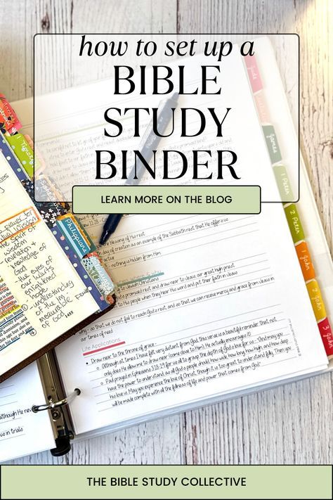 How to set up a Bible Study Binder - If you have been studying your Bible for very long, you likely have a pile of notes, journaling pages, cross-references, and keyword lists stacking up. It's time to organize your Bible studies with a Bible study binder! Ready to learn more? Head to the Bible Study Collective blog for my tips and tricks on Bible study binders! Speck Bible Study Method, Setting Up A New Bible, Bible Study Binder Free Printables, Best Bible Study Books, Word Bible Study Method, New Bible Set Up, Bible Study Binder Ideas, Bible Binder Ideas, Bible Study Hacks