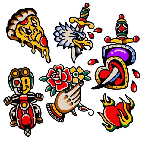 Coloured Tattoos, Sticker Sketch, Halloween Flash, Traditional Style Tattoo, Tattoo Old School, Traditional Tattoo Sleeve, Traditional Flash, Old School Tattoo Designs, American Tattoos