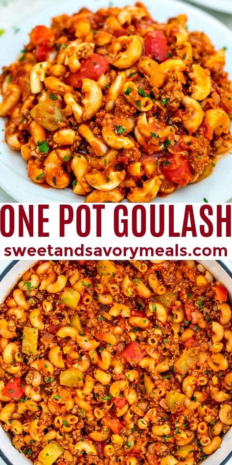 One Pot Goulash Recipe [Video] - Sweet and Savory Meals Rice Goulash Recipes, Gulosh Recipe Hungarian, Golosh Recipe Easy American Goulash, American Ghoulish, Gouloush Goulash Recipes, Easy Hungarian Goulash, Hungarian Goulash Ground Beef, Sweet Goulash Recipes, Goloush Recipe American Goulash