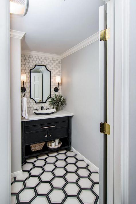 White Half Bath, Transitional Half Bath, Black And White Half Bath, White Half Bathroom Ideas, White Half Bathroom, Black And White Half Bathroom, Mosaic Tile Flooring, Black And White Bathroom Floor, Old Style Kitchen