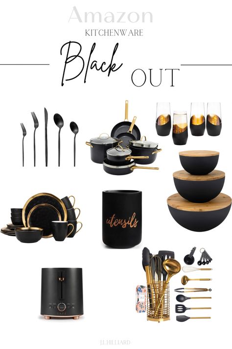 Amazon home, Amazon Finds, Black Decor, Black kitchenware, Kitchen utentils, black and gold kitchenware, black kitchenware, black forks, utensil holder, toaster, chic kitchenware Black And Clear Kitchen Decor, Black Silicone Kitchen Utensils, Copper And Black Kitchen Accessories, Gold Black Kitchen Decor, Black And Wood Kitchen Utensils, Gold Black Home Decor, All Black Kitchen Decor, Black Kitchen Dishes, Black And Gold Pots And Pans