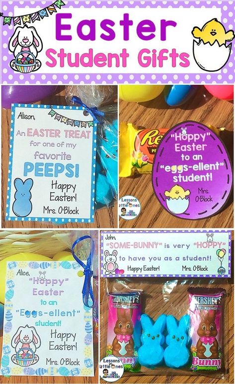 Ideas for personalized Easter student gifts and cute gift tags. The gift tags can be attached to any Easter treat.https://lessons4littleones.com/2017/04/06/easter-student-gifts-gift-tags/ Easter Class Party, Student Gift Tags, O Block, Easter Kindergarten, Easter Classroom, Jelly Beans Easter, Spring Classroom, Kindergarten Art Projects, Easter Gift Tag