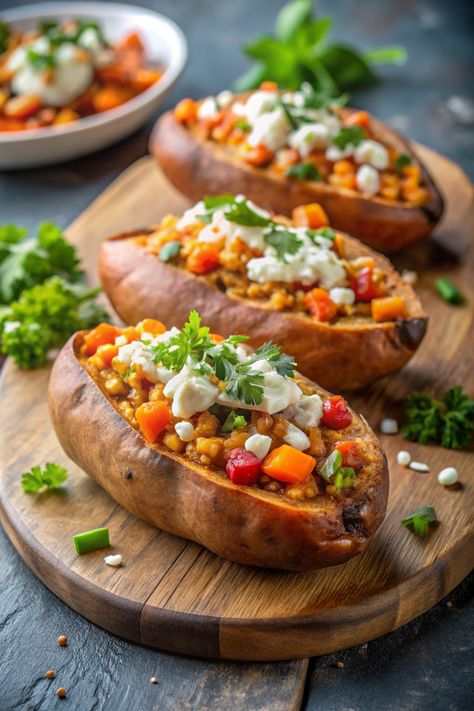 Flavorful Stuffed Sweet Potatoes Sweet Salsa, Vegan Fajitas, Sweet Potato Dinner, Stuffed Sweet Potato, Chickpea Coconut Curry, Sweet Potatoes Recipe, Beans Recipes, Can Black Beans, Stuffed Sweet Potatoes