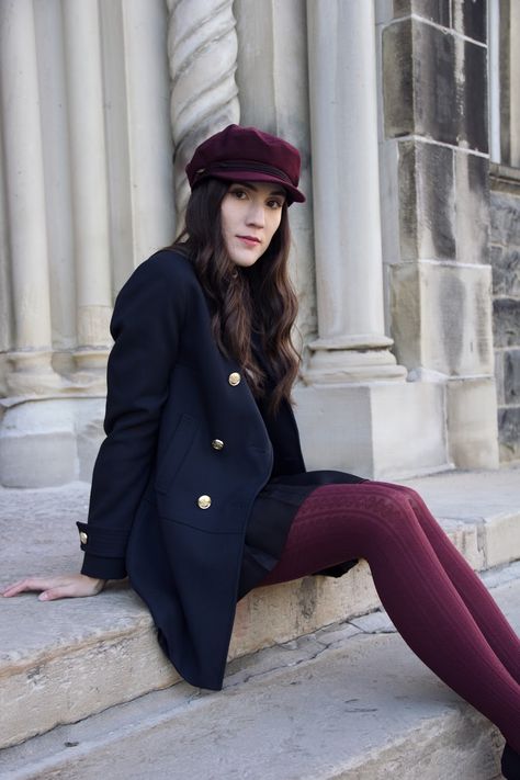 Cabby Hat Outfit, Carolina Pinglo, Cabby Hat, Burgundy Tights, Colored Tights Outfit, Navy Blue Coat, Red Tights, Navy Coat, Toronto Fashion