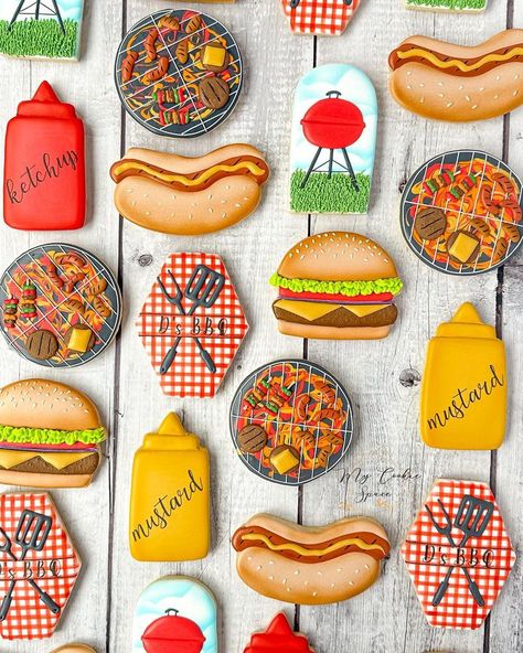 Cookies 2 • Instagram Picnic Cookies Decorated, First Birthday Bbq, Bbq Cookies, Picnic Cookies, Birthday Sugar Cookies, Bbq Birthday, Birthday Bbq, Summer Cookies, Cookies Decorated