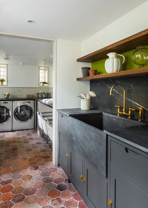 Love the soapstone sink & tailored cabinetry Terra Cotta Floors, Laundry Room Decorating, Veranda Design, Terracotta Floors, Black Kitchen Sink, Brooklyn Brownstone, Terracotta Floor, Brass Kitchen, Kitchen Farmhouse