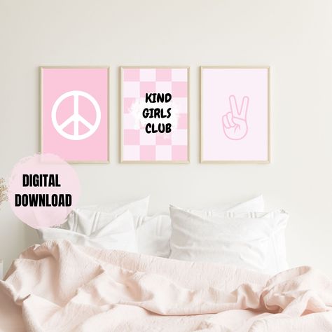 Girls Bedroom Pink Peace and Checkered Digital Print, Room Decor, Pink and White Bedroom, Kind Girls Club Wall Decor Room Decor Pink And White, Girls Bedroom Pink Walls, Girls Bedroom Pink, Pink And White Bedroom, Pink Girls Bedroom, Girls Bedroom Wall Art, Room Decor Pink, Print Room Decor, Pink Bedroom For Girls