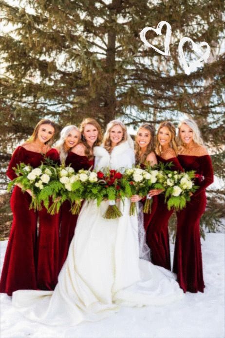 Winter Wedding Bridesmaid Dresses With Sleeves, Red Bridesmaids Dresses Winter, Red Bridesmaid Dresses Christmas, Winter Wedding Red Bridesmaid Dresses, Red Elegant Bridesmaid Dresses, Christmas Themed Bridesmaid Dresses, Winter White Bridesmaid Dresses, Christmas Themed Wedding Bridesmaids, Burgundy Winter Bridesmaid Dresses